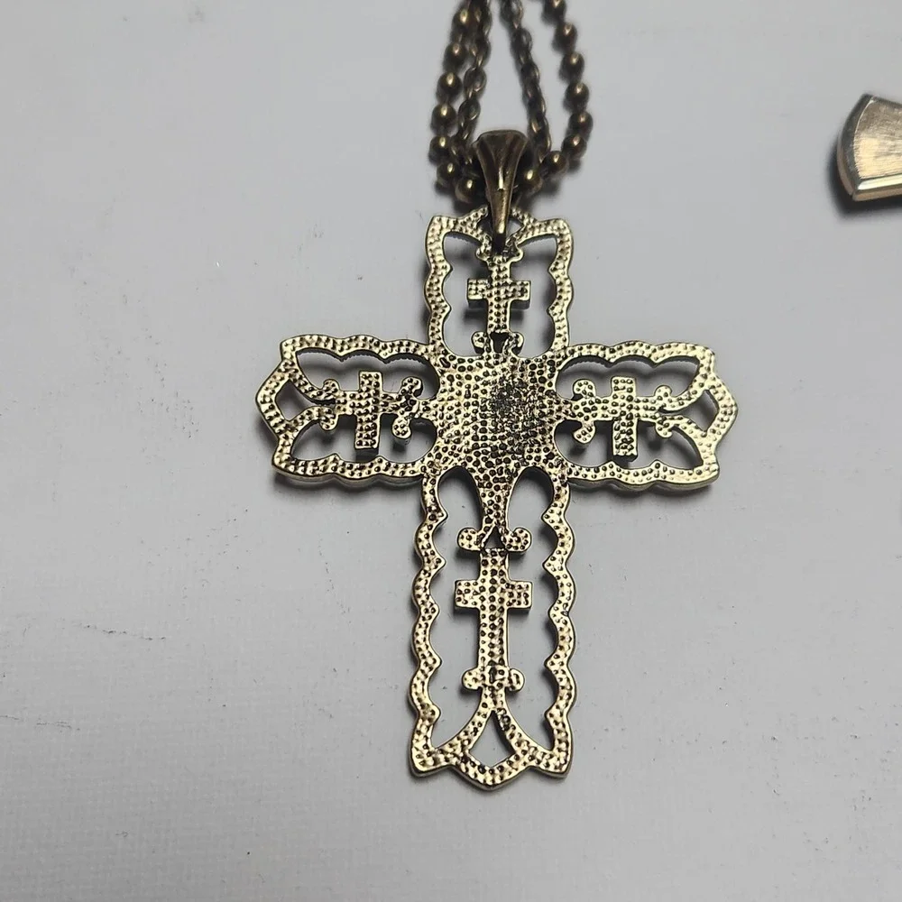 Ornate Bronze Filigree Cross Necklace and Green  acrylic Gold Tone Cross Pendant